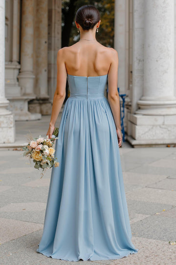 Dusty Blue Chiffon Neck Scarf A Line Strapless Long Bridesmaid Dress